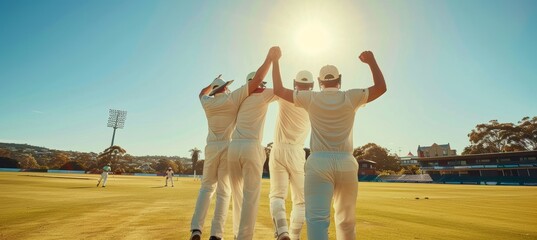 Cricket team spirit intimate huddles, high fives, victory celebrations, with copy space.