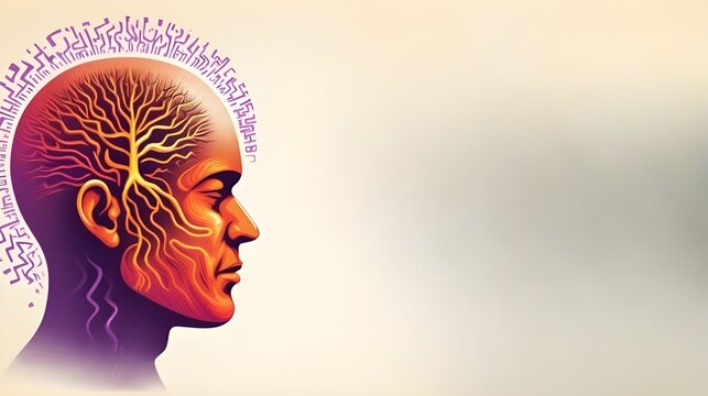 Closeup of psychedelic human head with copy space. Abstract art featuring surreal, mind-bending design. Psychology, dream, mental health, esoteric, meditation, exploding mind, inner world concepts