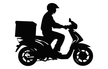 Courier Man carrying package on motorbike Silhouette, Delivery men carry a box black Vector