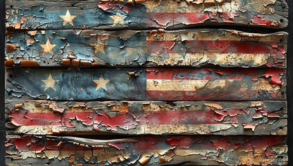 american flag on wooden fence, in the style of darktable processing, crumpled, photo-realistic still life, poster. Generative AI
