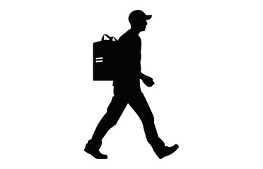 Fototapeta na wymiar Courier Service with package Silhouette isolated on a white background, A Delivery Man carrying a box black Vector