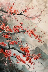 Whispers of Spring: Japanese Cherry Blossoms on Canvas, a Traditional Painting Enchanting with the Beauty of Nature, Landscape