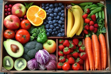 fresh fruits and vegetables in the box advertising food photography - obrazy, fototapety, plakaty
