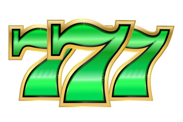 Green and gold number 777 on a white background. Winning combination in a casino. Vector illustration.