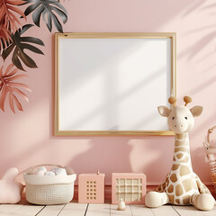A giraffe is sitting in front of a white frame with a pink wall. The giraffe is surrounded by toys and a basket. The scene is playful and inviting, with a sense of warmth and comfort