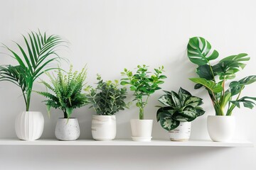 Exotic houseplants collection displayed elegantly on a white shelf against a clean background Showcasing the beauty and diversity of indoor greenery.