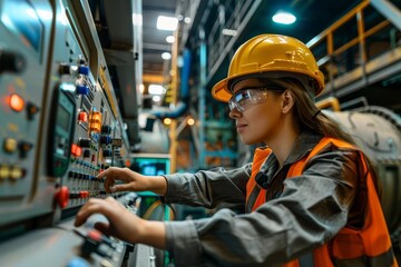Female engineer skillfully navigating the controls of sophisticated machinery in an industrial manufacturing plant Showcasing expertise and innovation in the field