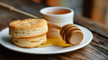 A wooden honey dipper positioned on a white saucer, perfect for drizzling honey over biscuits and toast. - obrazy, fototapety, plakaty