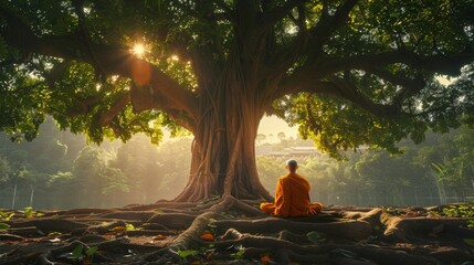 Makha Bucha Day: back shot of a monk meditating under Bodhi tree