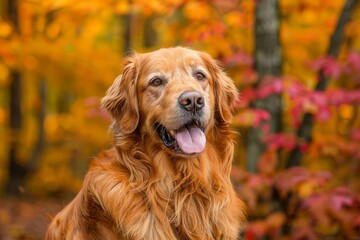 Golden retriever enjoying a vibrant autumn scene A wide banner capturing the joy and companionship pets bring to outdoor adventures in the fall