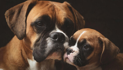 Boxer dog mother nuzzling her puppy baby dog cute portrait