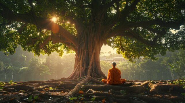 Makha Bucha Day: back shot of a monk meditating under Bodhi tree - Powered by Adobe
