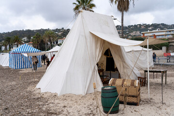Historical reenactment of events. The reign of Emperor Napoleon I Bonaparte. One of the tents in a military tent camp, close-up.