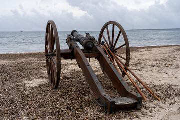 Historical reenactment of events. Cannon from the time of Napoleon Bonaparte on the beach against the backdrop of the sea and clouds.