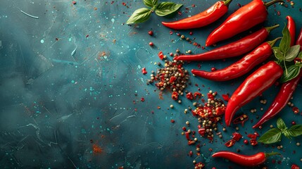 Top view of vibrant red chili peppers with fresh basil leaves and peppercorns