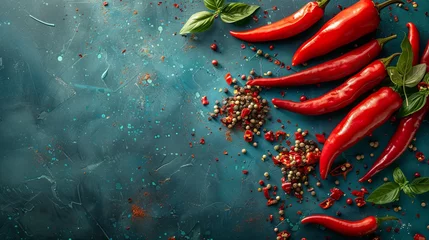 Photo sur Plexiglas Piments forts Top view of vibrant red chili peppers with fresh basil leaves and peppercorns