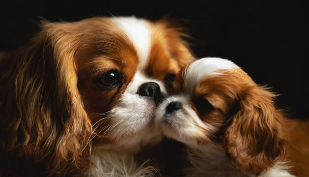 Cavalier King Charles Spaniel dog mother nuzzling her puppy baby dog cute portrait