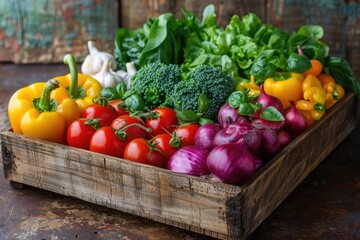 fresh fruits and vegetables in the box advertising food photography