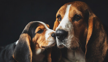 Closeup of a black mother Basset Hound dog nuzzling her litter baby dog