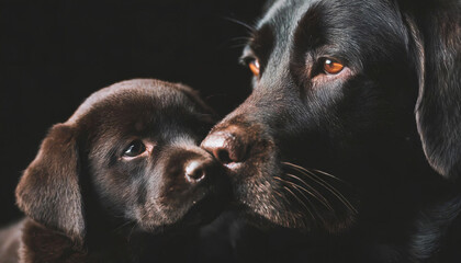 Closeup of a black mother labrador dog nuzzling her litter baby dog