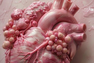 3d human heart model, in the style of hyperrealistic illustrations, light pink and crimson. Generative AI