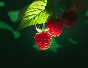 Closeup of some raspberries on plant branch in ray of sunshine