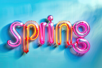 neon Inflated, three-dimensional letters in the form of word  SPRING on blue background . Seasonal holiday, inspiring phrases concept.