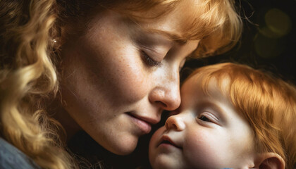 Ginger mother nuzzling her newborn baby portrait on dark background