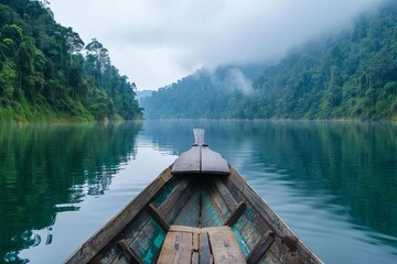 Peaceful boat journey on a serene lake Surrounded by nature and tranquility - obrazy, fototapety, plakaty