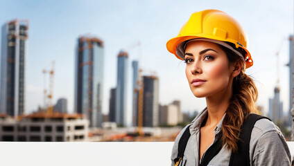 Portrait of a young construction worker woman with safety helmet letting see city buildings under construction on white background with copy space

