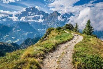 Scenic path winding towards a majestic mountain peak Embodying challenge Adventure And the pursuit of goals - obrazy, fototapety, plakaty