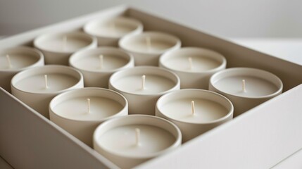 Box of scented candles arranged neatly on a white table, creating a romantic ambiance perfect for Valentine's Day celebrations.