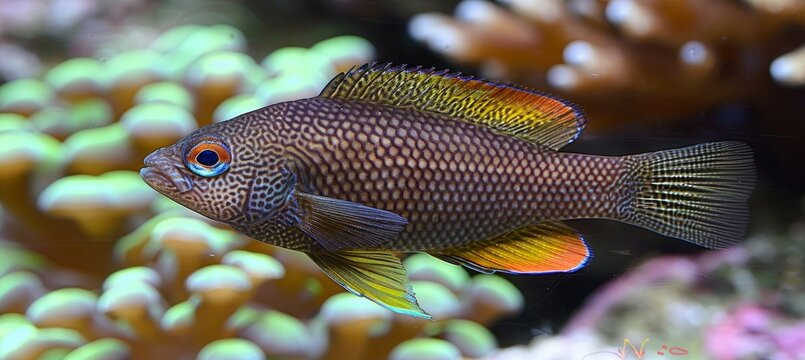 Dottyback fish among vibrant corals in saltwater aquarium creates a mesmerizing underwater scene.