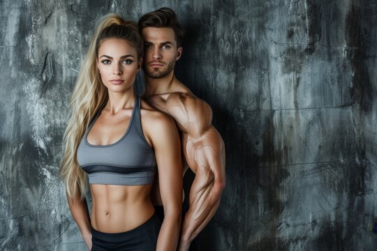 A fit athletic couple on a dark background . The concept of fitness. Healthy lifestyle