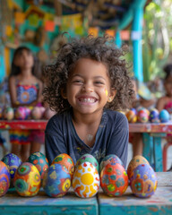 dark happy boy with colored eggs. happy easter concept. homemade, seasonal, religious holiday style