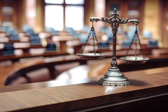 Sombre courtroom with the scales of justice Highlighting themes of law Judgment And jurisprudence