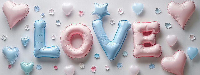 pink and blue inflated, plump ,  three-dimensional.letters in text LOVE on white background . Greeting card , seasonal holiday. . - obrazy, fototapety, plakaty