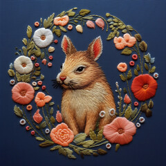 Embroidery of a wild rabbit sitting in a meadow surrounded by flowers. Brown bunny in natural habitat embroidered on blue fabric. AI-generated