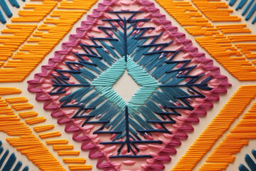 Decorative ethnic embroidery as a background. Abstract textile shapes of blue and orange creating a geometric pattern. AI-generated