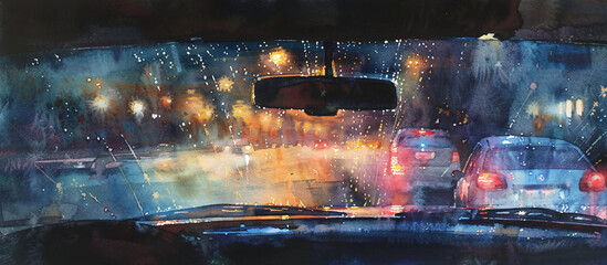 a watercolor illustration of a fogged-up car window, viewed from the inside at night
