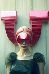 A young Caucasian woman confidently poses in her futuristic pink mask in front of a big letter U. A front portrait of a blonde fashion model with one character of a Latin alphabet. Art installation