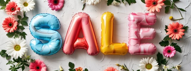 inflated, plump ,  three-dimensional.letters in text sale with flowers on white background . Discount, shopping concept. - obrazy, fototapety, plakaty