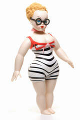 An old, vintage doll with wearing a swimsuit and stylish glasses, isolated on white. A chubby white woman toy with short blonde hair, in a striped romper. AI-generated