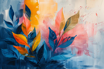 Vibrant Botanical Art Abstract Painting with Oil Pastels of Plants, Perfect for Modern Interior Decor