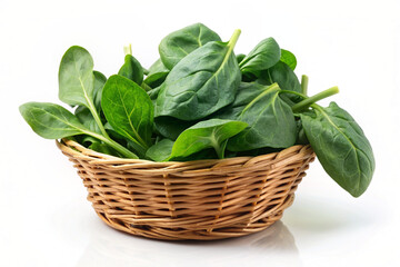 fresh spinach in a basket isolated on white background
