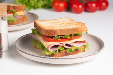Close-up of two sandwiches with bacon, salami, prosciutto and fresh vegetables on rustic wooden cutting board. Club sandwich concept