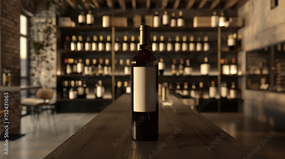 Poster an elegant 3d mockup of a wine bottle on a sophisticated wine cellar shelf, with an empty area on th