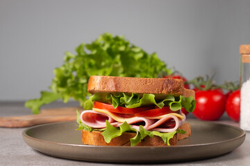 Close-up of two sandwiches with bacon, salami, prosciutto and fresh vegetables on rustic wooden cutting board. Club sandwich concept - 752431020