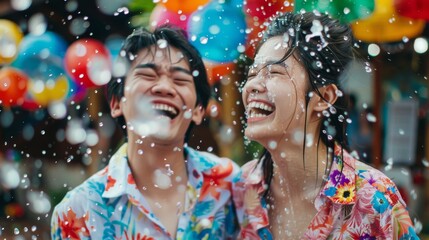Obraz na płótnie Canvas Songkran Festival: happy Asian couple are wearing colorful shirts and splashing water to each other