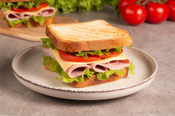 Close-up of two sandwiches with bacon, salami, prosciutto and fresh vegetables on rustic wooden cutting board. Club sandwich concept - 752431048